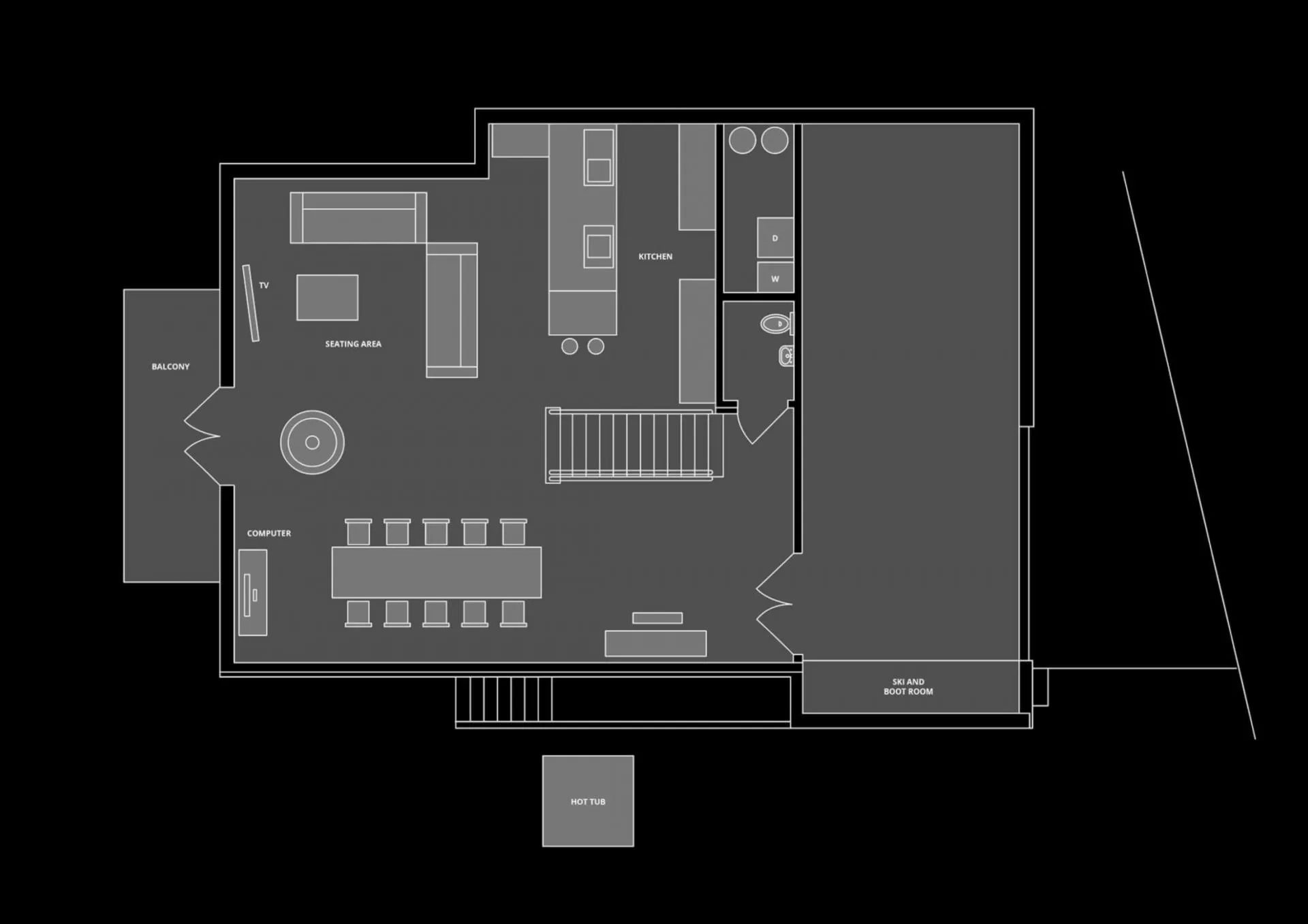 Main-level plan with open-plan living, dining and kitchen areas, balcony, hot tub, laundry and ski room