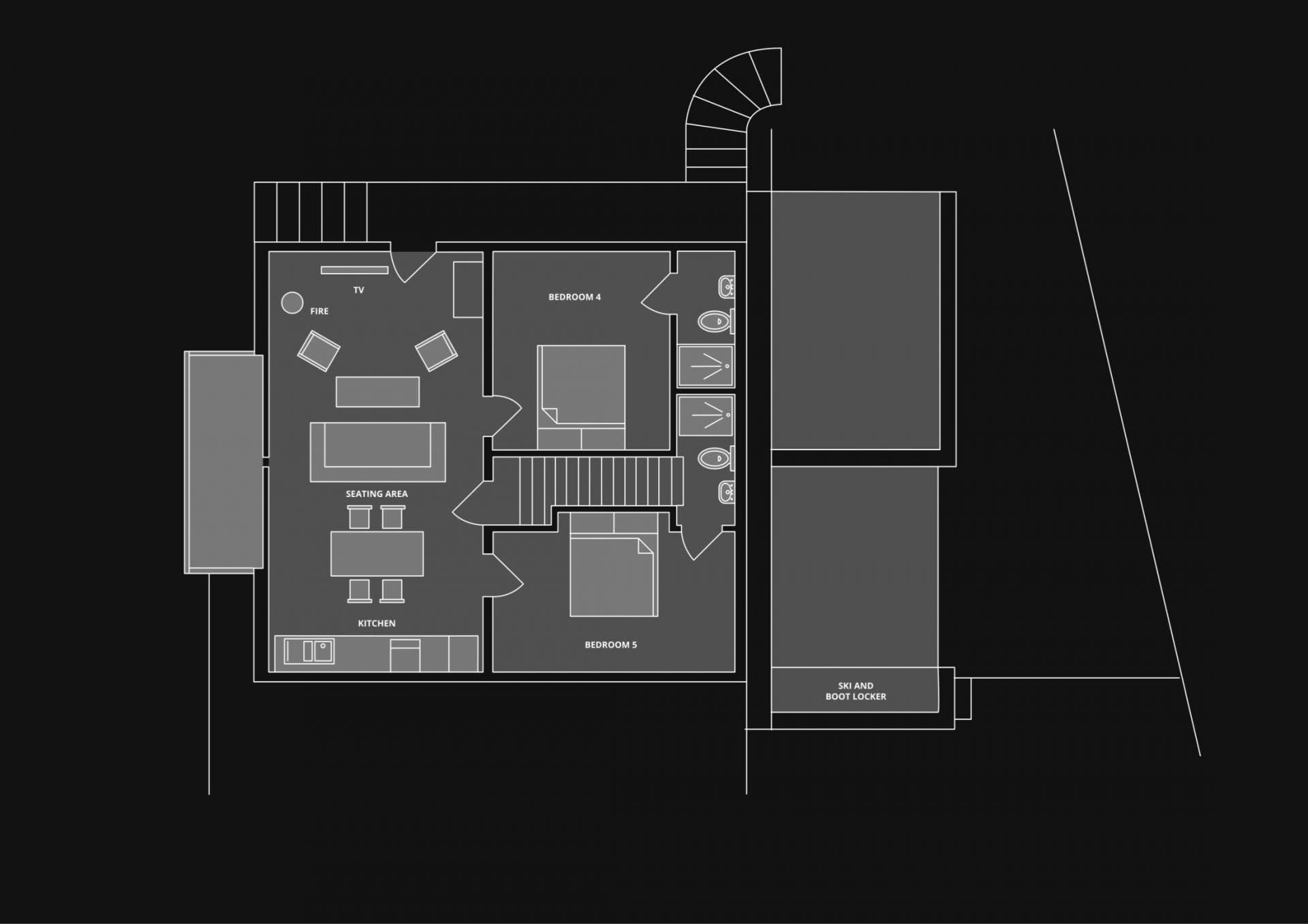 Ground-floor plan with two en-suite bedrooms, second living room, kitchen and ski and boot locker