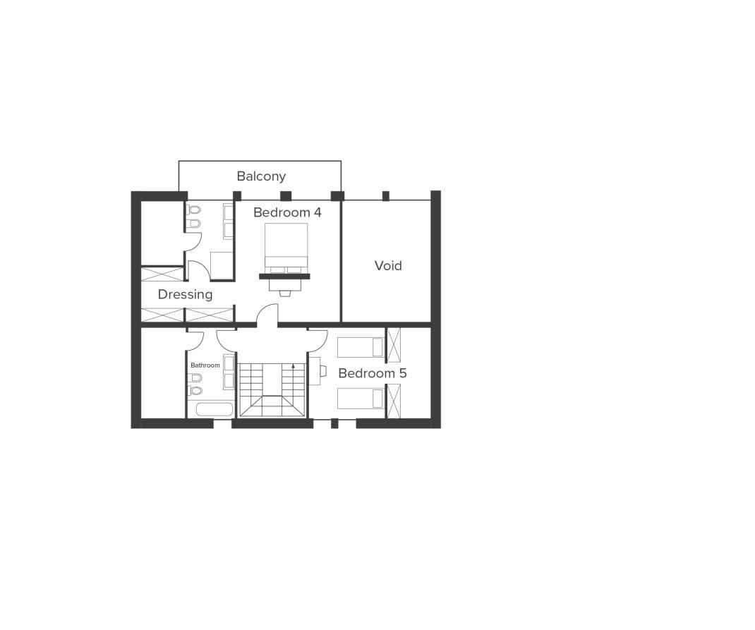 Upper floor plan: two bedrooms, dressing room, bathroom, and private balcony