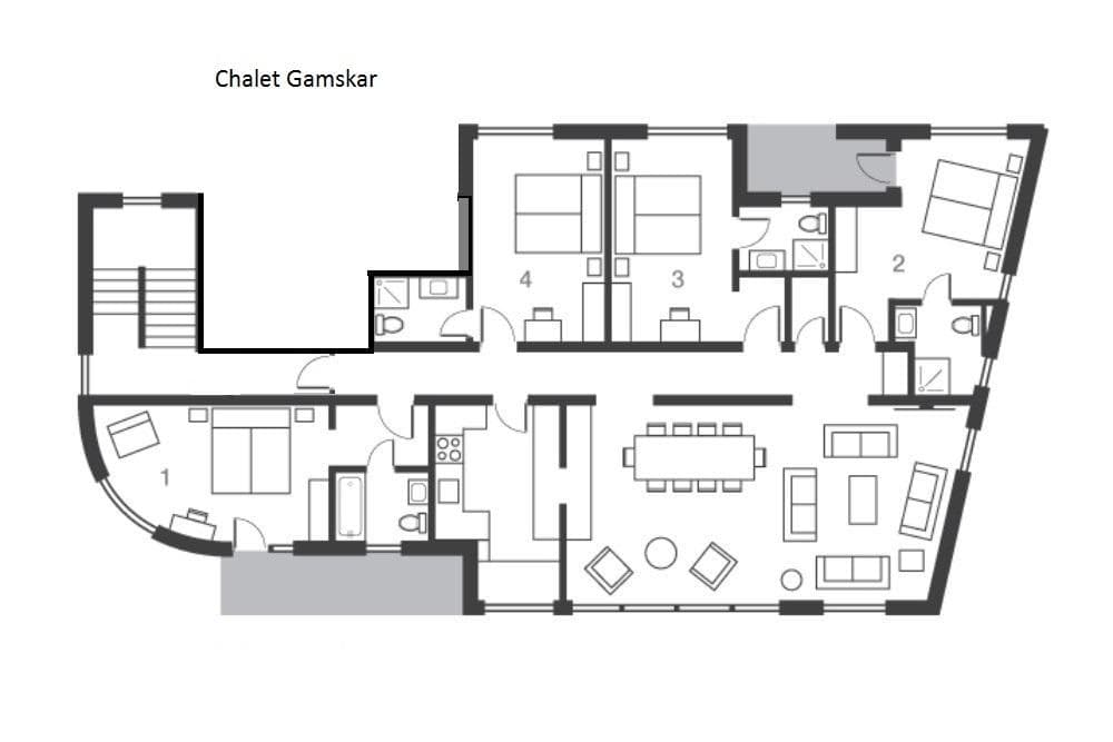Chalet layout: four bedrooms, open-plan living, and dining for 10 guests