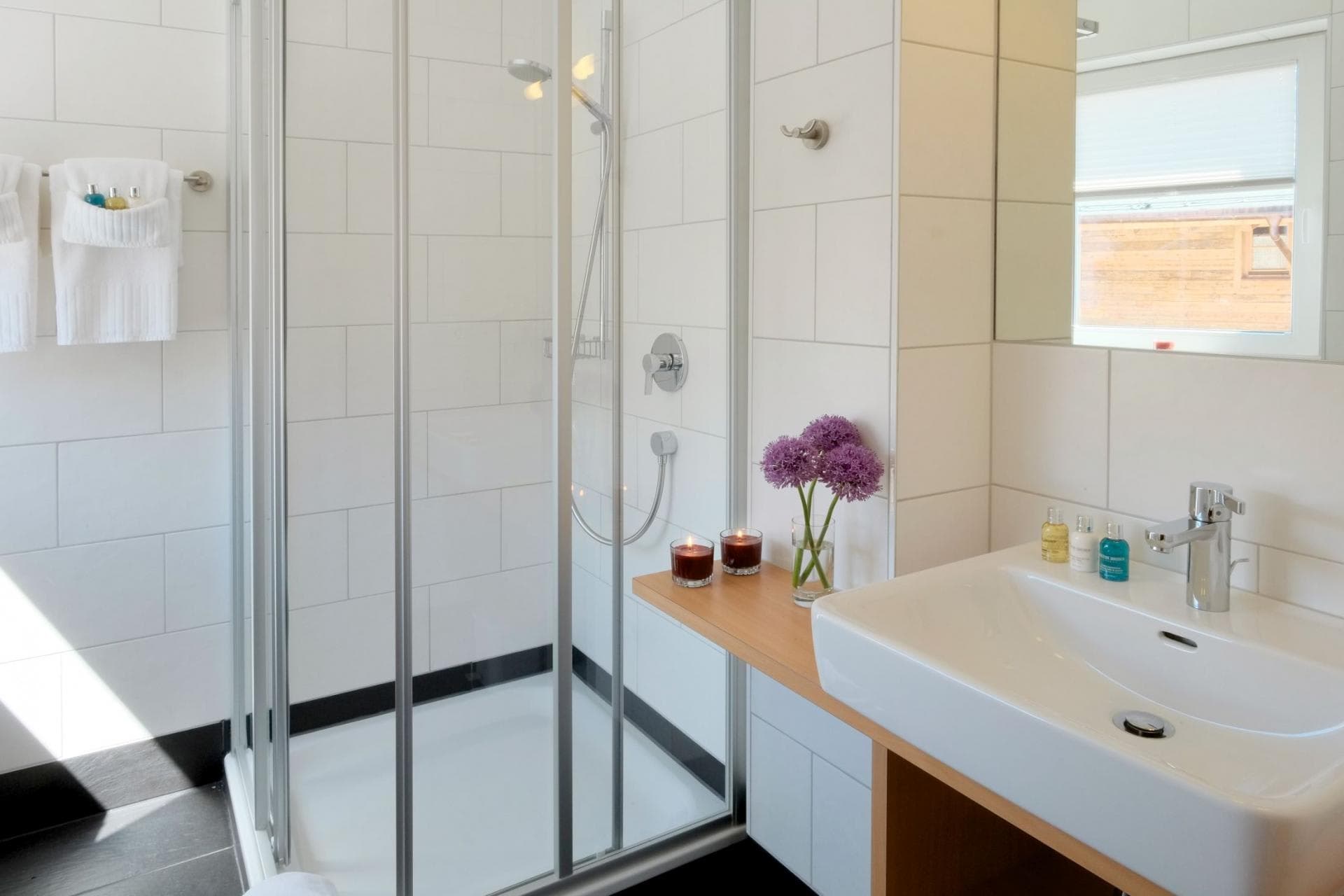 Bathroom with walk-in glass shower and handheld sprayer