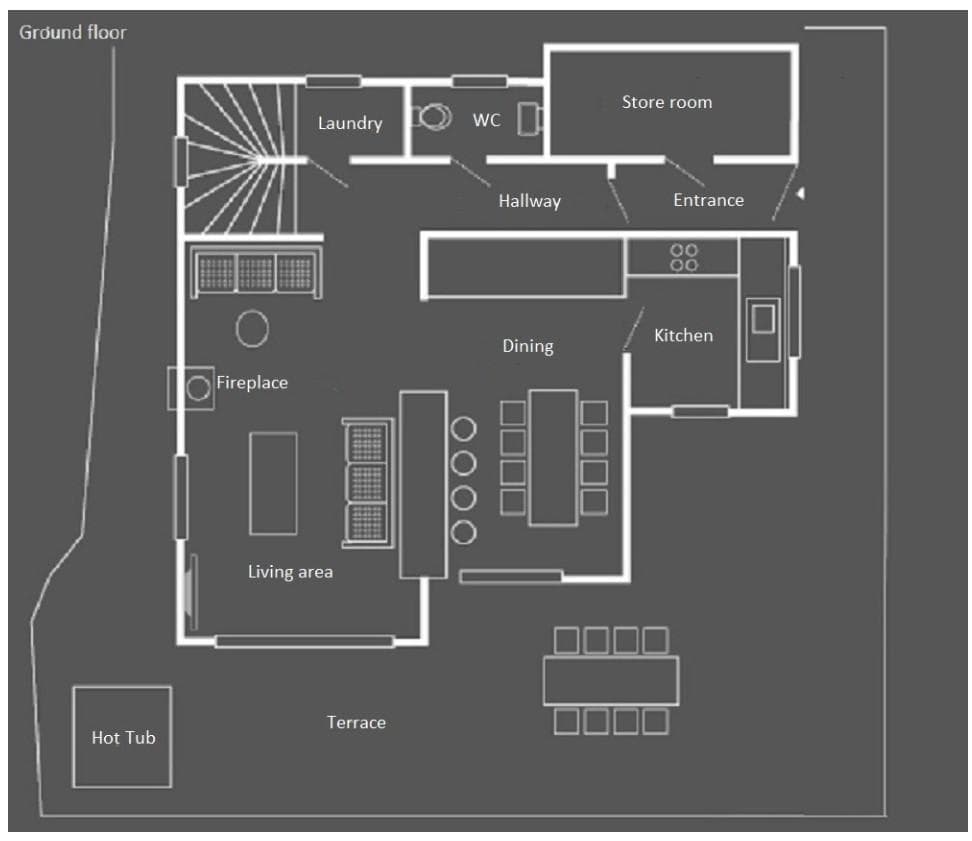 Ground floor plan: open-plan living, kitchen, dining, laundry, and terrace with hot tub