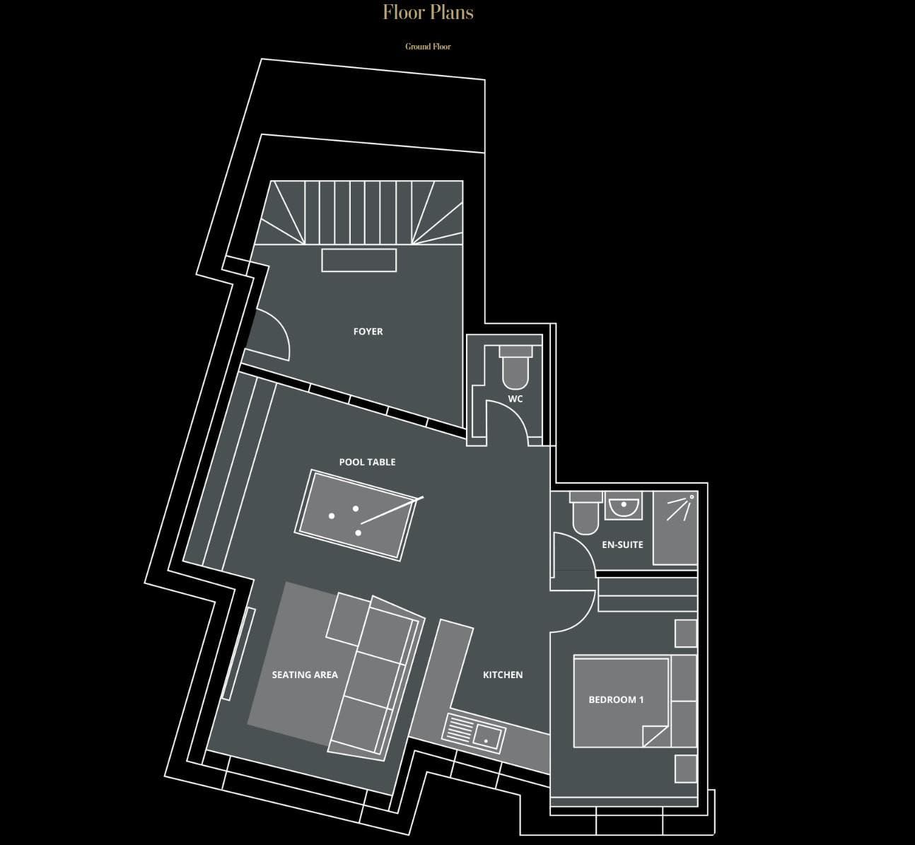 Ground floor layout with open living area, pool table, and en-suite bedroom
