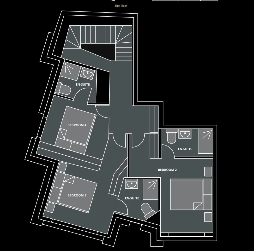 Second-level floor plan with three bedrooms and en-suite shower rooms