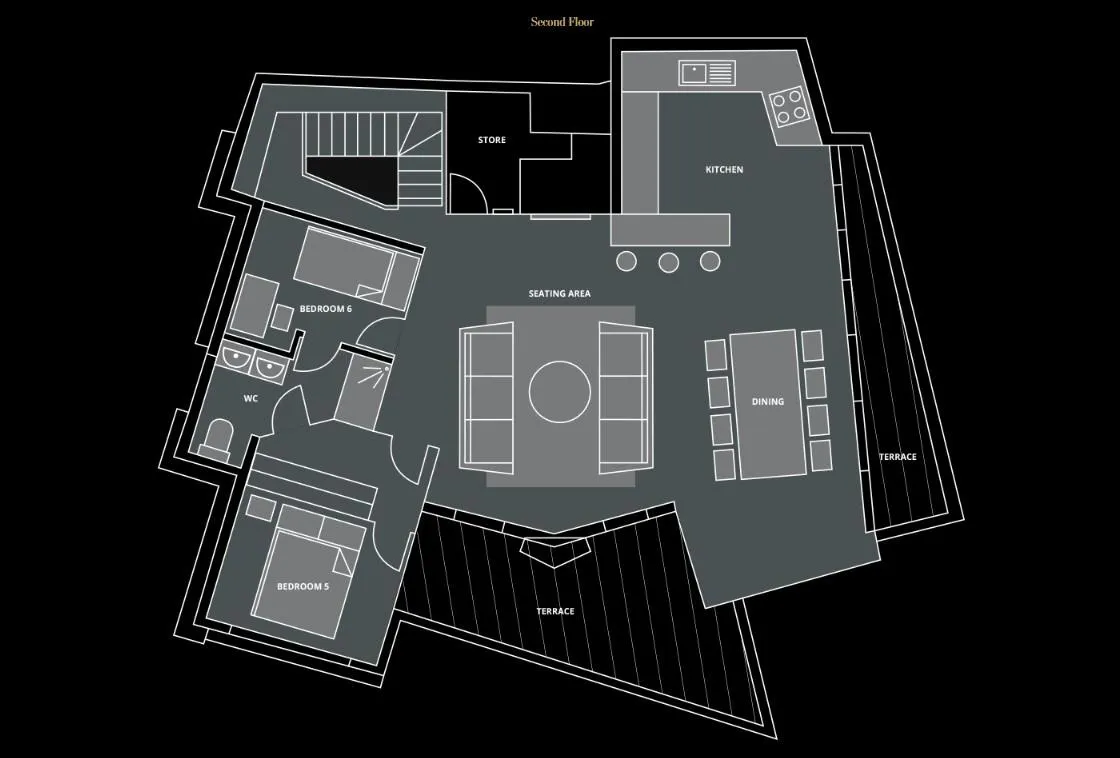 Top-floor plan with open-plan living, dining and kitchen area, master bedroom and bunk room