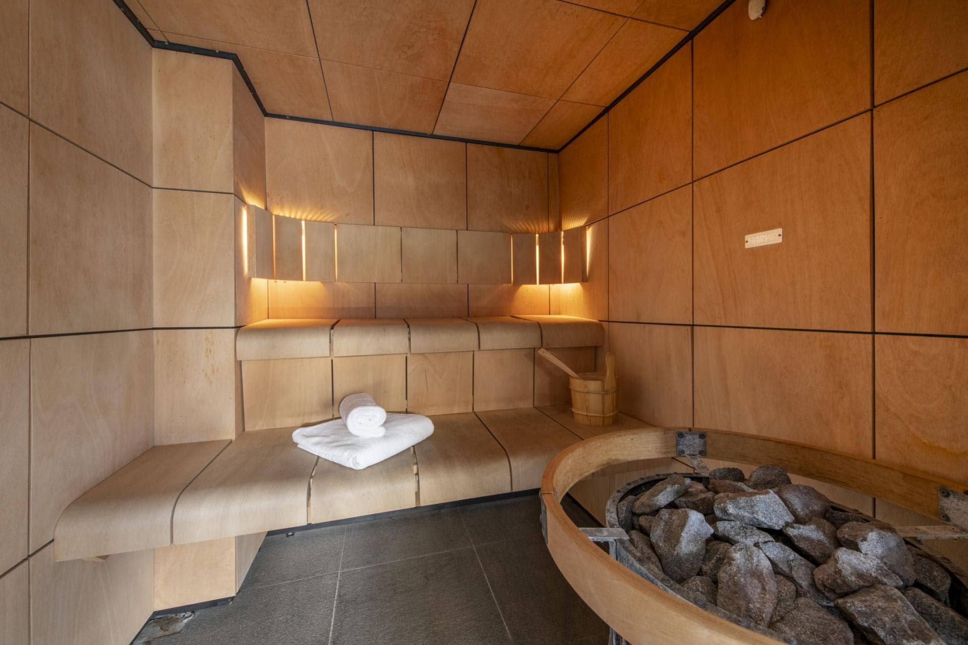 Wood-paneled sauna with Harvia heater and bench seating