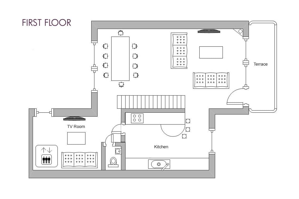 First floor layout: kitchen, dining for 10, living area, terrace, and TV room