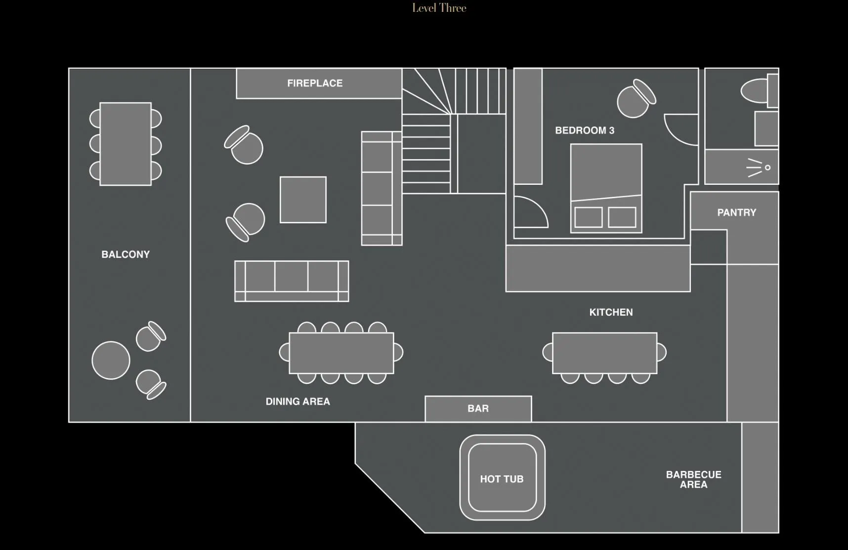 Level Three floor plan with open-plan living space, one en-suite bedroom and hot-tub patio