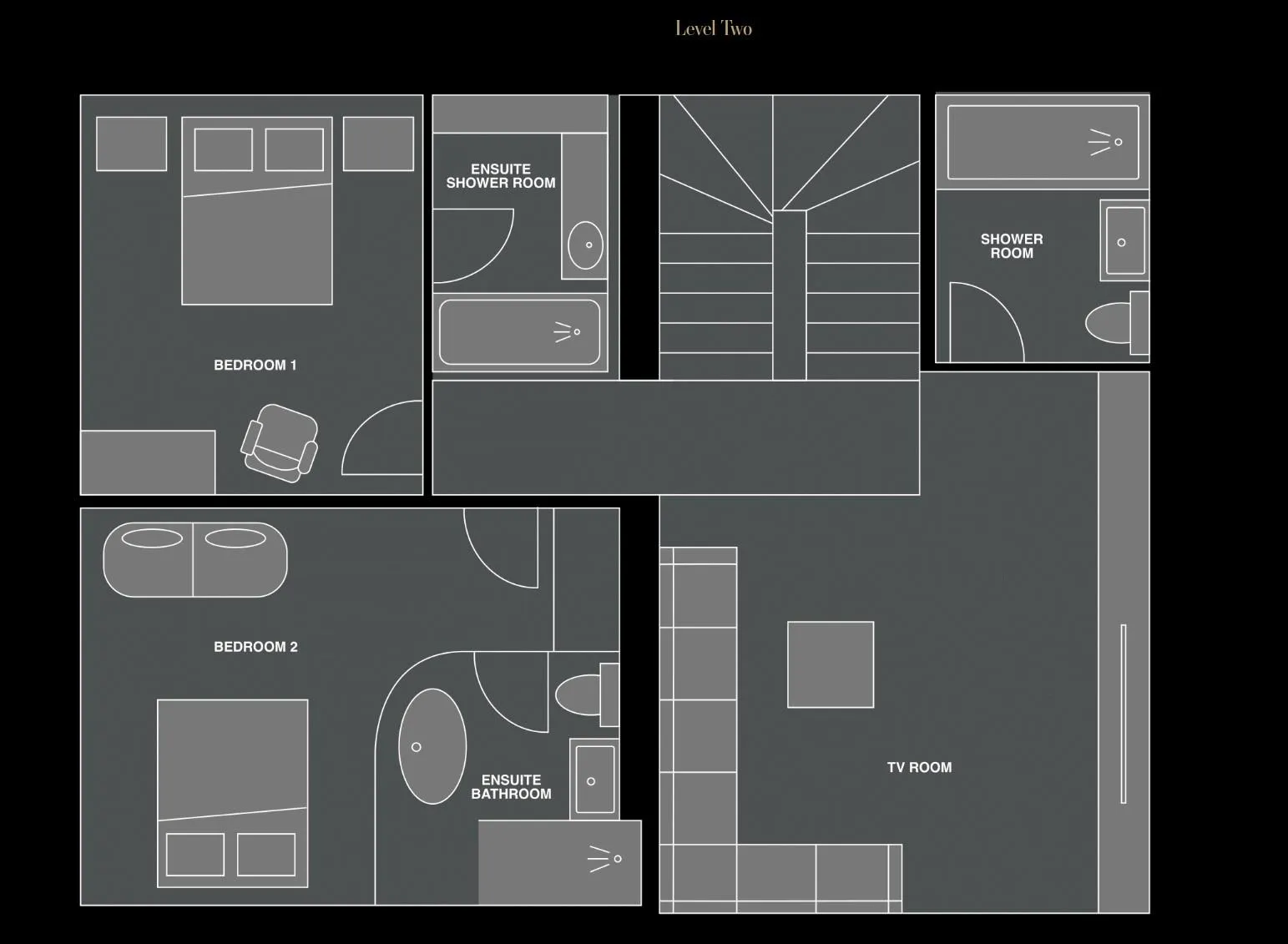 Level Two floor plan with TV room and two en-suite bedrooms