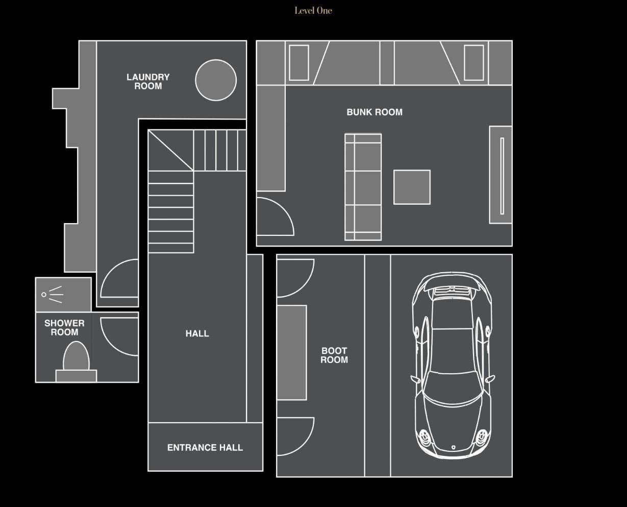 Level one floor plan: garage, boot room, bunk room, and laundry