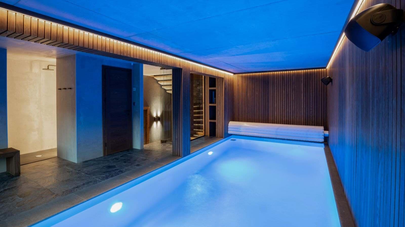 Indoor pool area with adjacent walk-in shower and integrated sound system