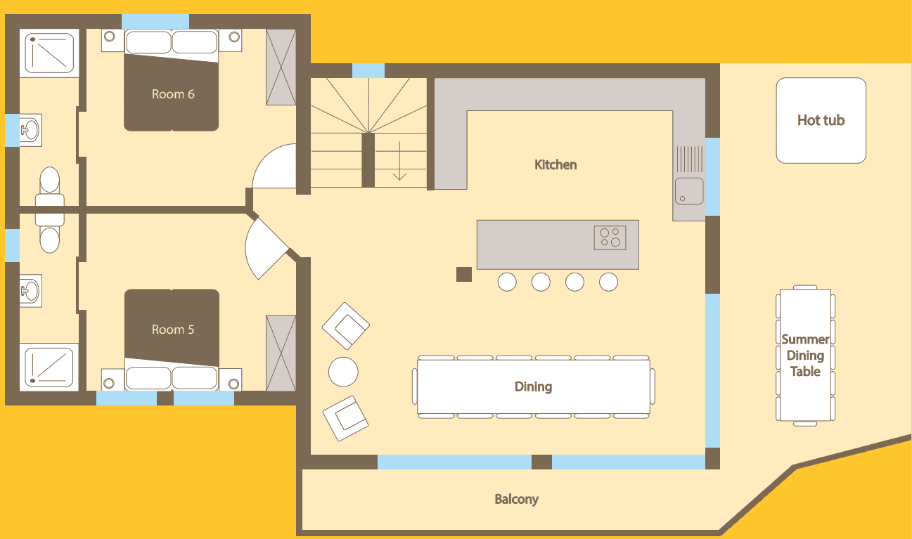 Floor plan: two ensuite bedrooms, kitchen, dining area, and terrace with hot tub