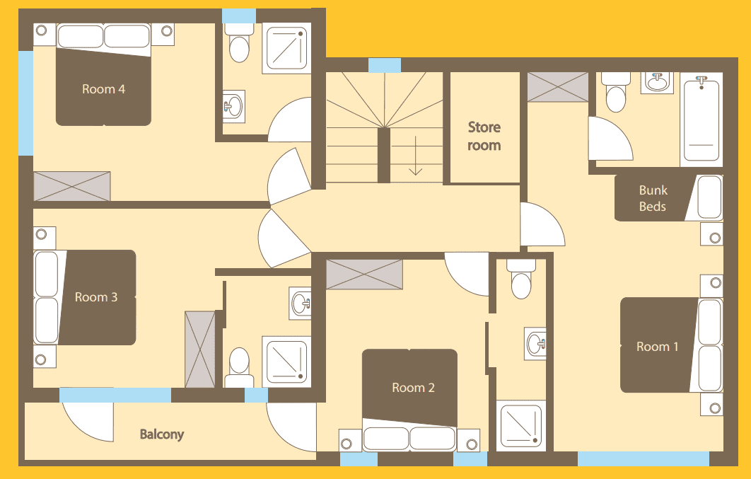 Upper floor plan: four bedrooms with en suites, bunk beds, and balcony access