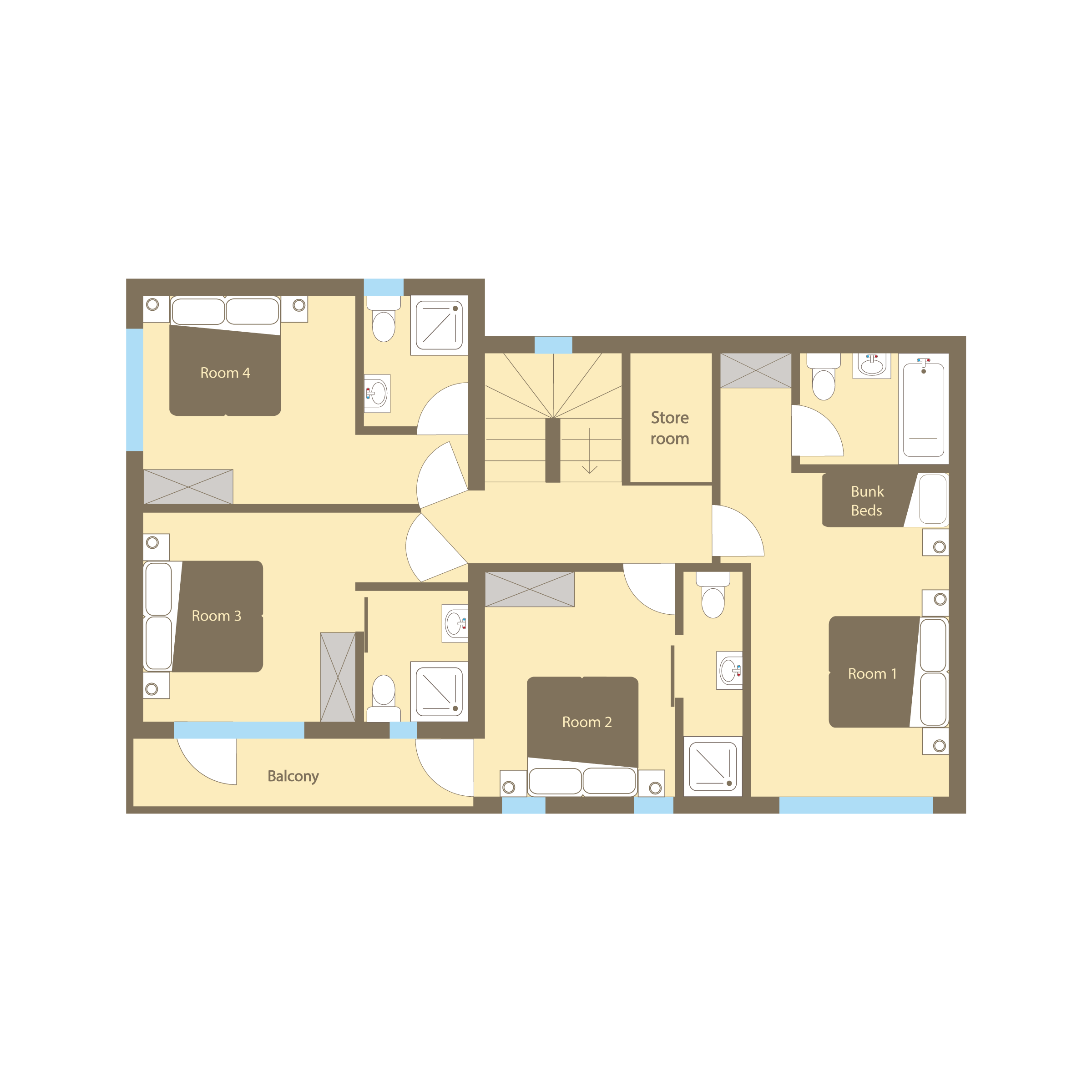 Floor plan showing 4 bedrooms, 2 bathrooms, bunk beds, store room, and balcony