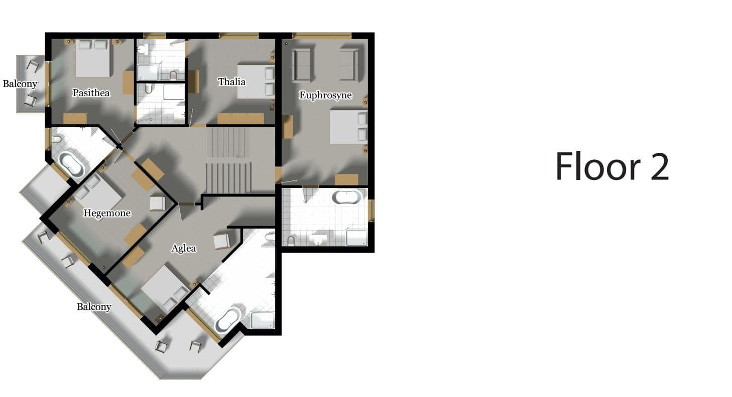 Second floor plan: five bedrooms with ensuite bathrooms and private balconies