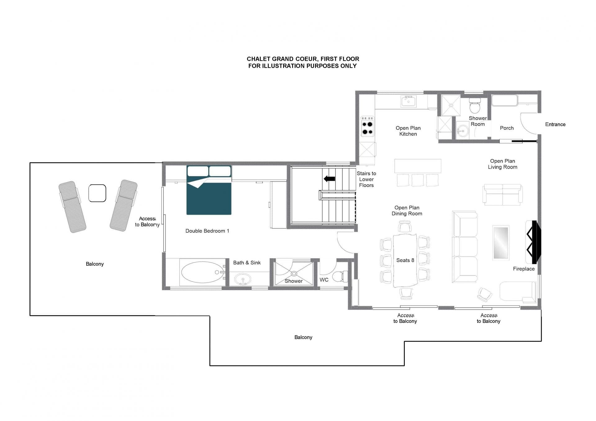 First floor plan: open living area, ensuite bedroom, porch, and wrap-around balcony