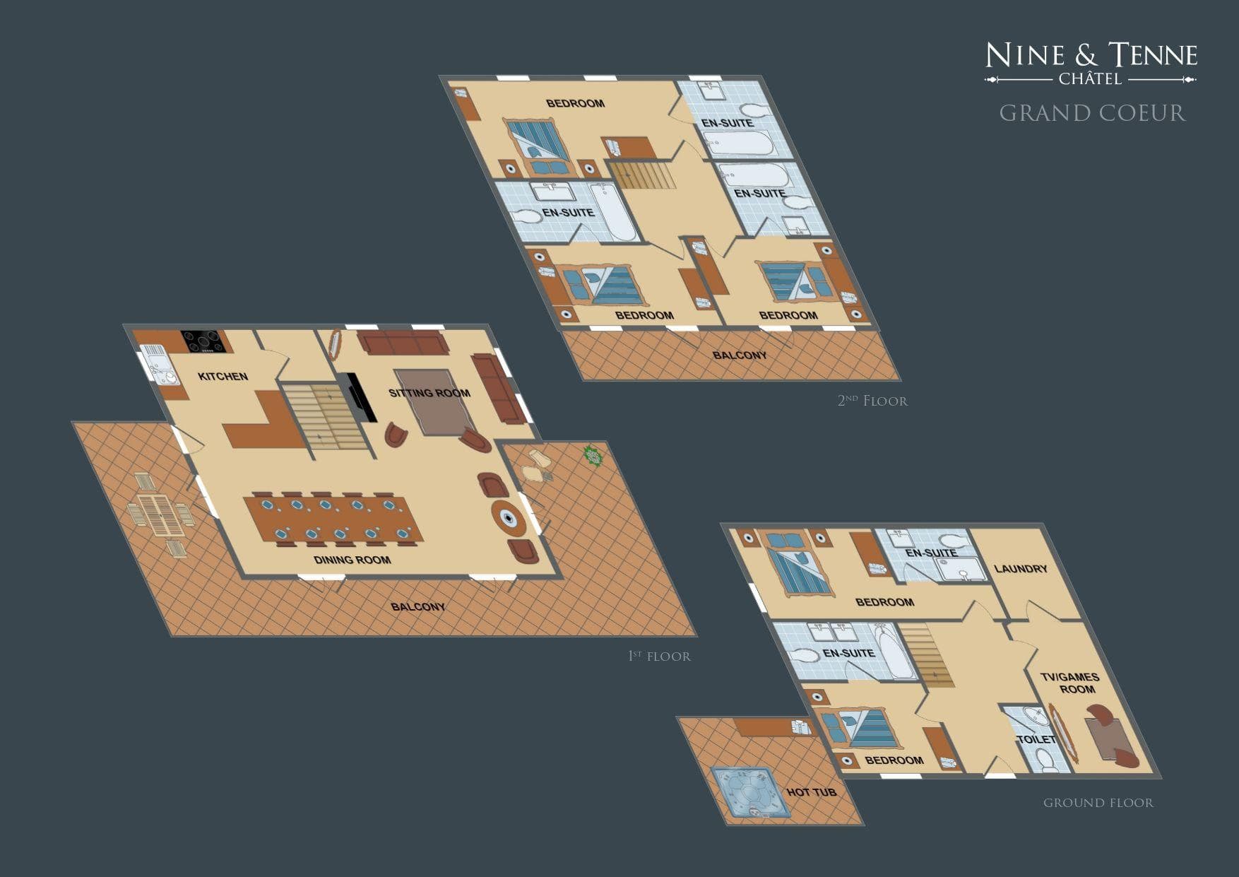 Three-floor layout: six en-suite bedrooms, games room, and outdoor hot tub