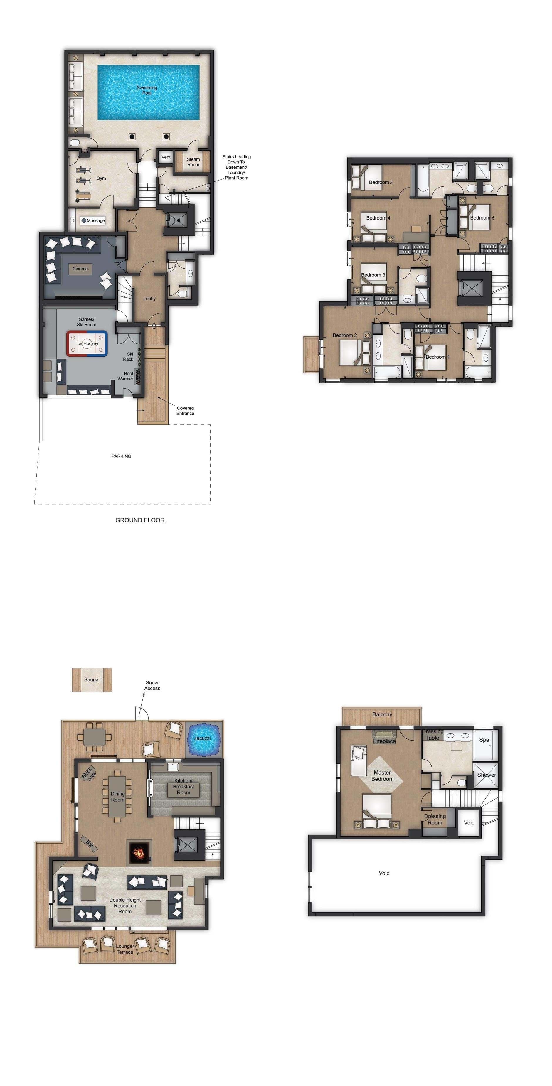 Floor plans for four levels including indoor pool, cinema, and six en-suite bedrooms