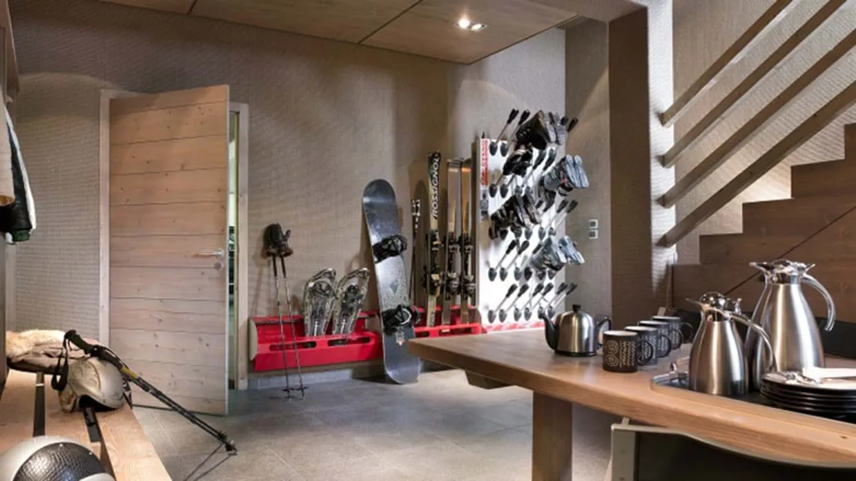 Ski mudroom with heated boot rack and gear storage