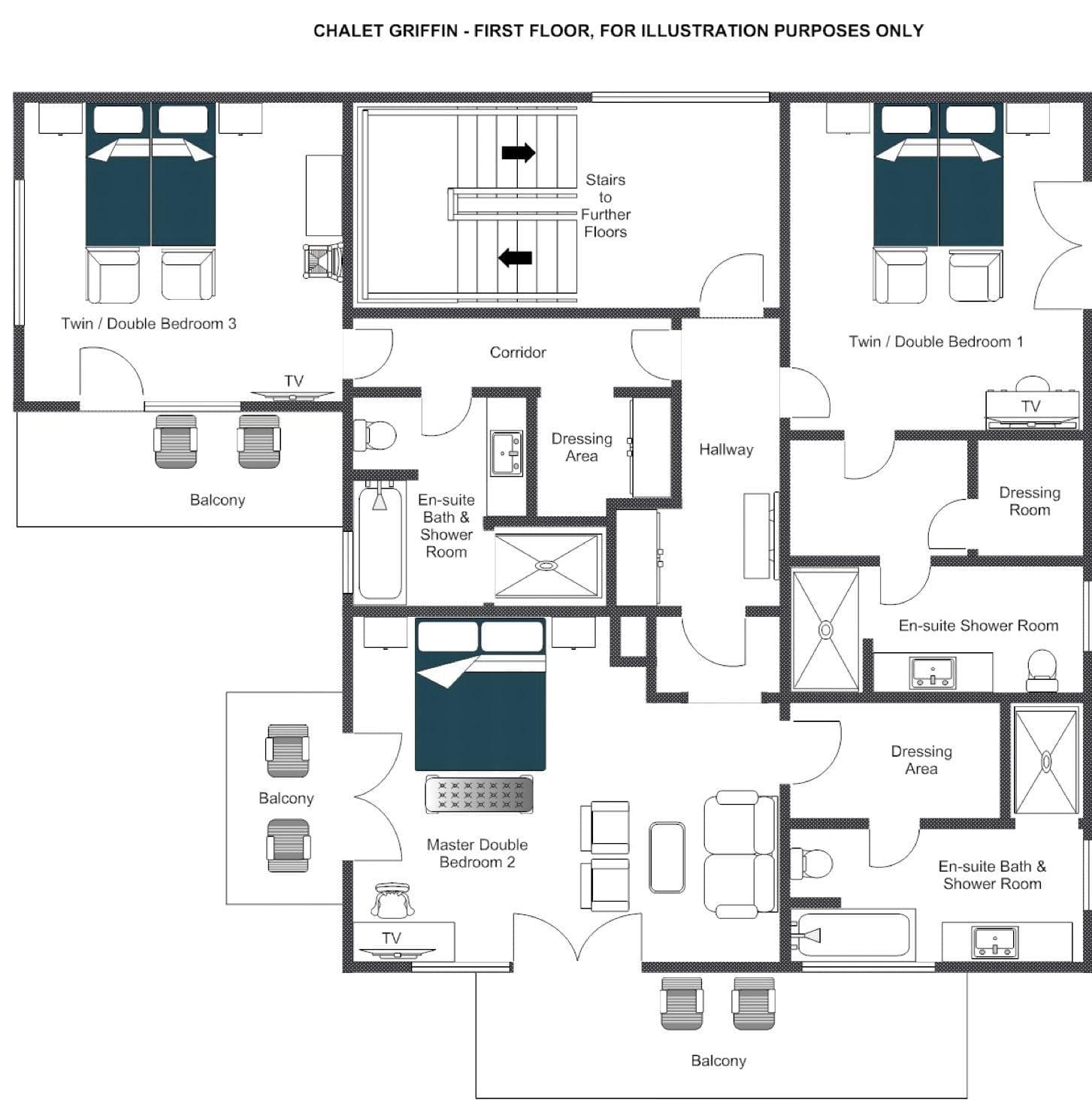 First floor layout: three ensuite bedrooms with dressing areas and private balconies