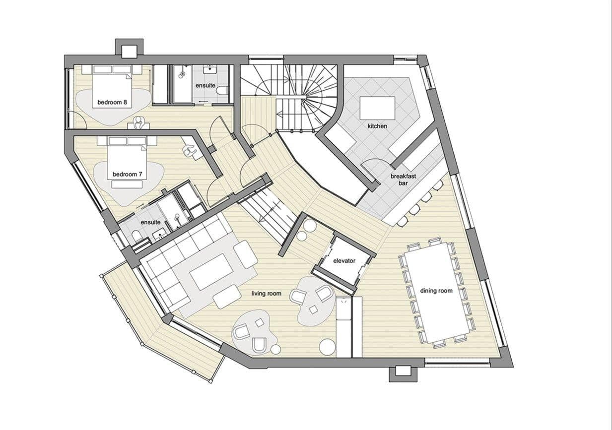 Floor plan: two ensuite bedrooms, elevator, kitchen with breakfast bar, and open living area