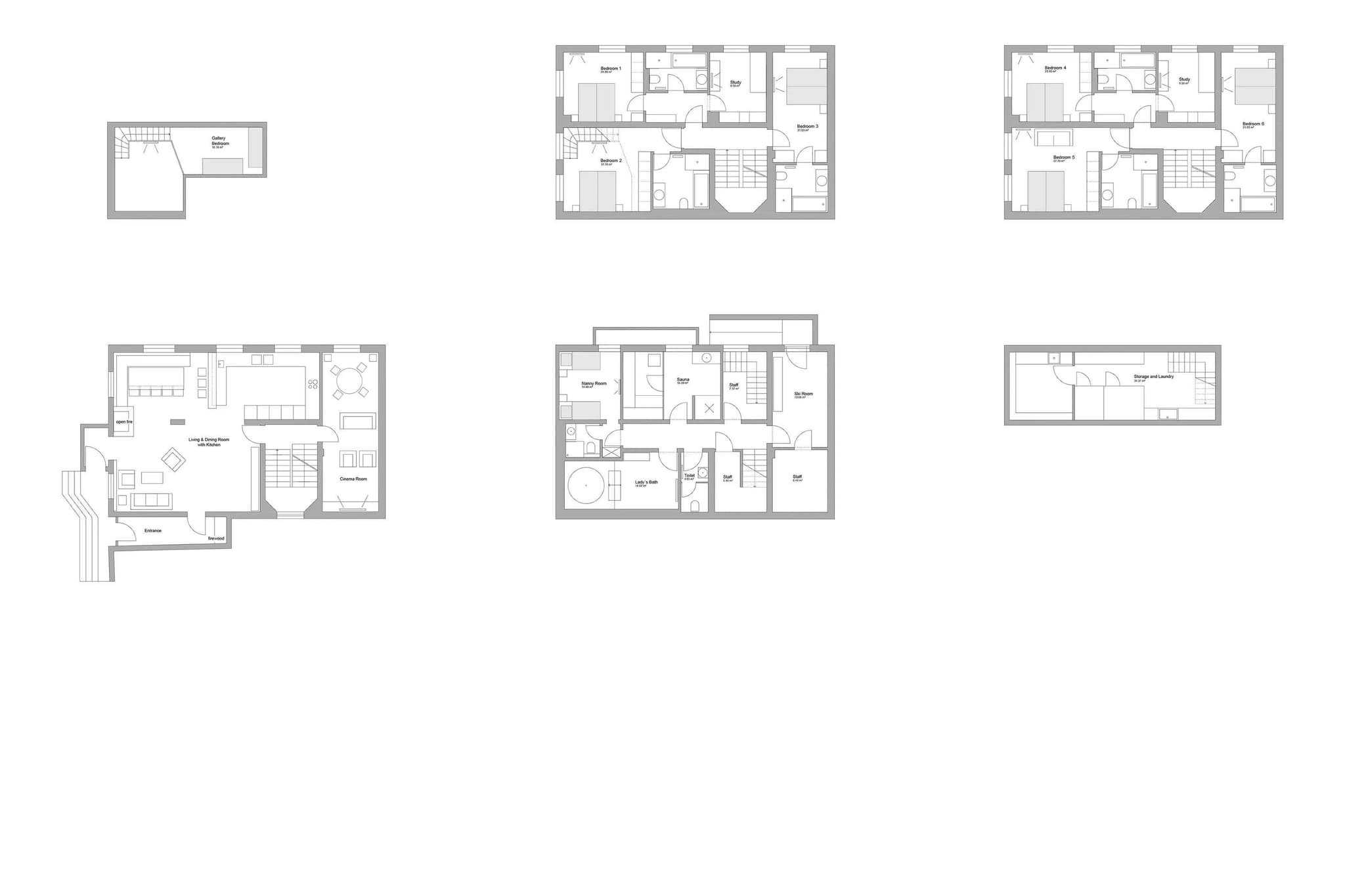 Multi-level floor plan: open living area, cinema room, sauna, and six bedroom suites