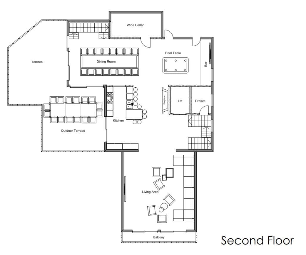 Second floor plan: kitchen, wine cellar, pool table, and living area with lift access