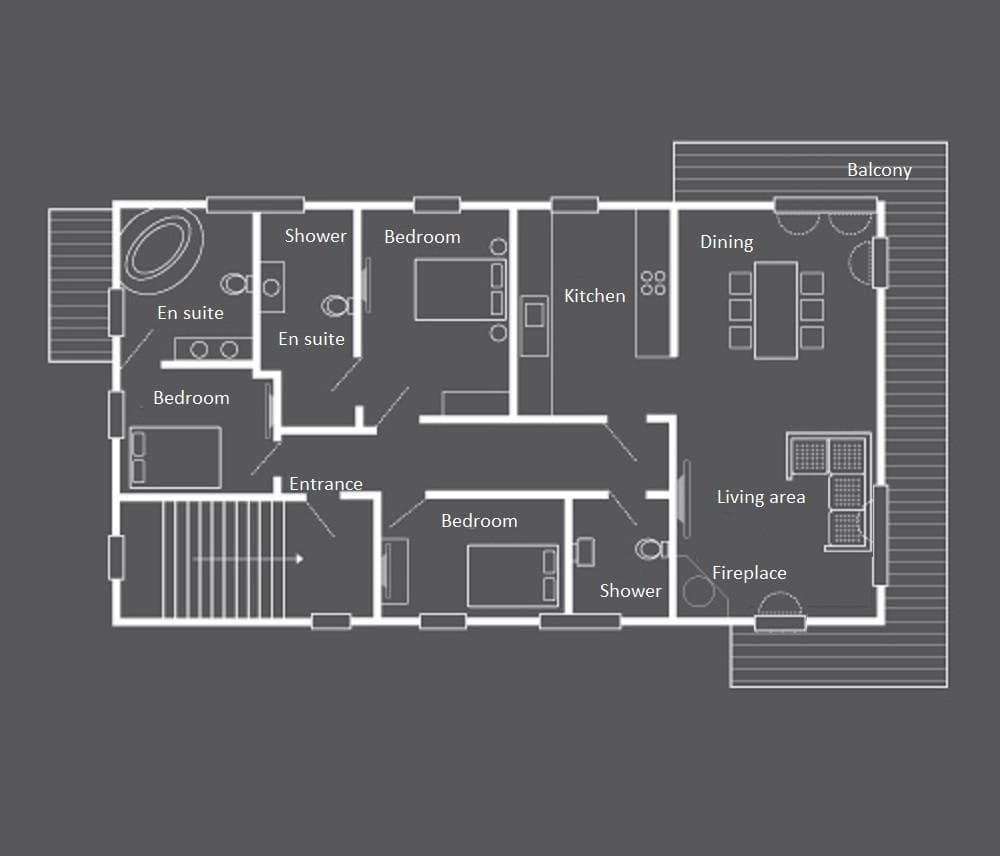 Floor plan: three bedrooms, two en suites, and open-plan living with balcony