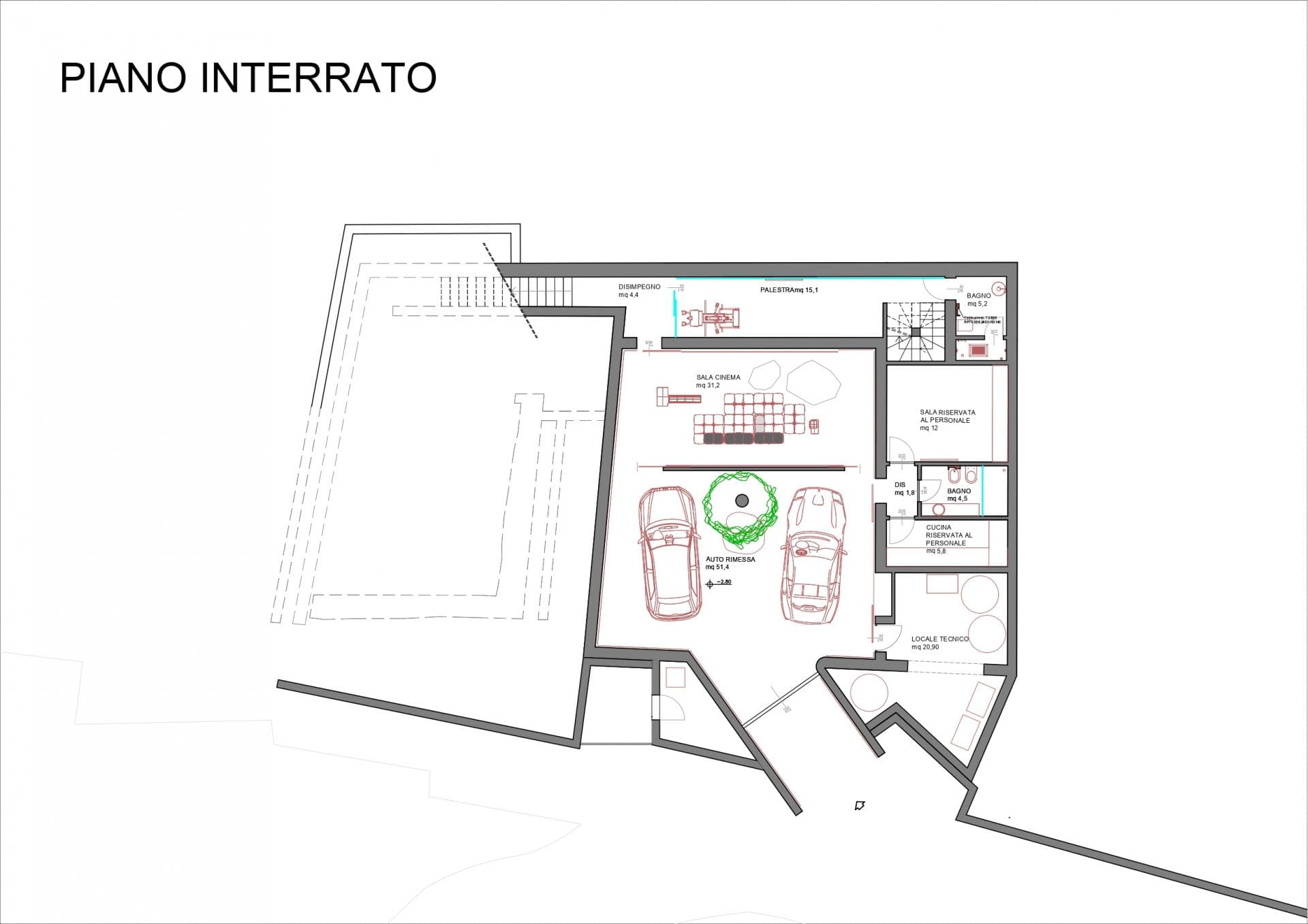Basement floor plan: 2-car garage, cinema room, gym, and staff quarters