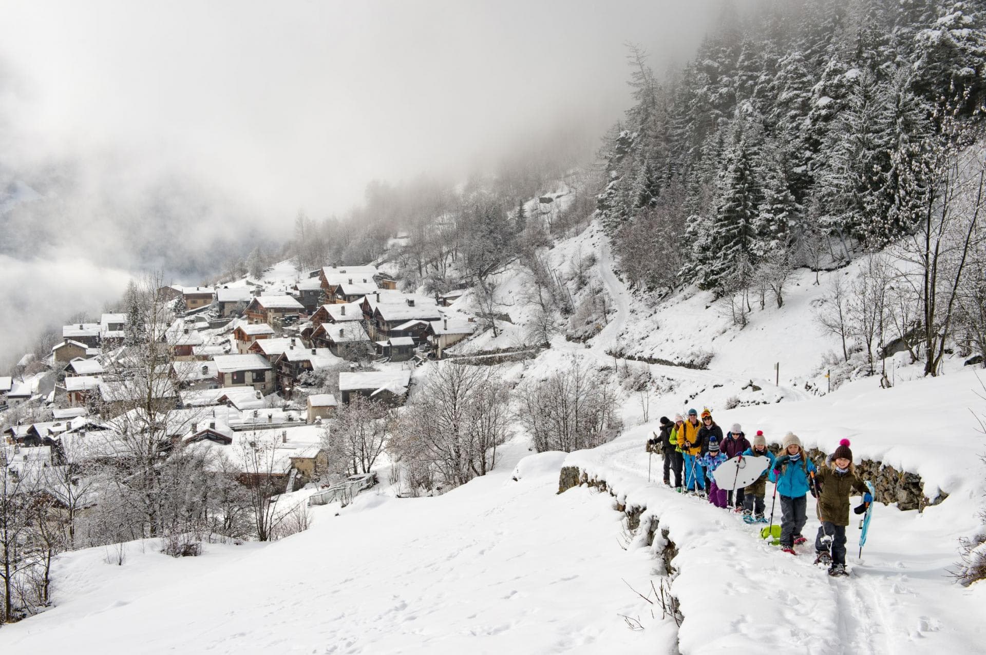 Snowshoeing trails accessible from the village; mountain and valley views