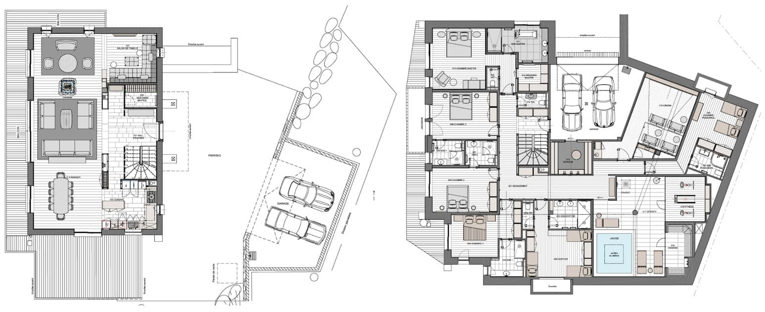 Floor plans showing 5 bedrooms, indoor pool, cinema, and dual garage