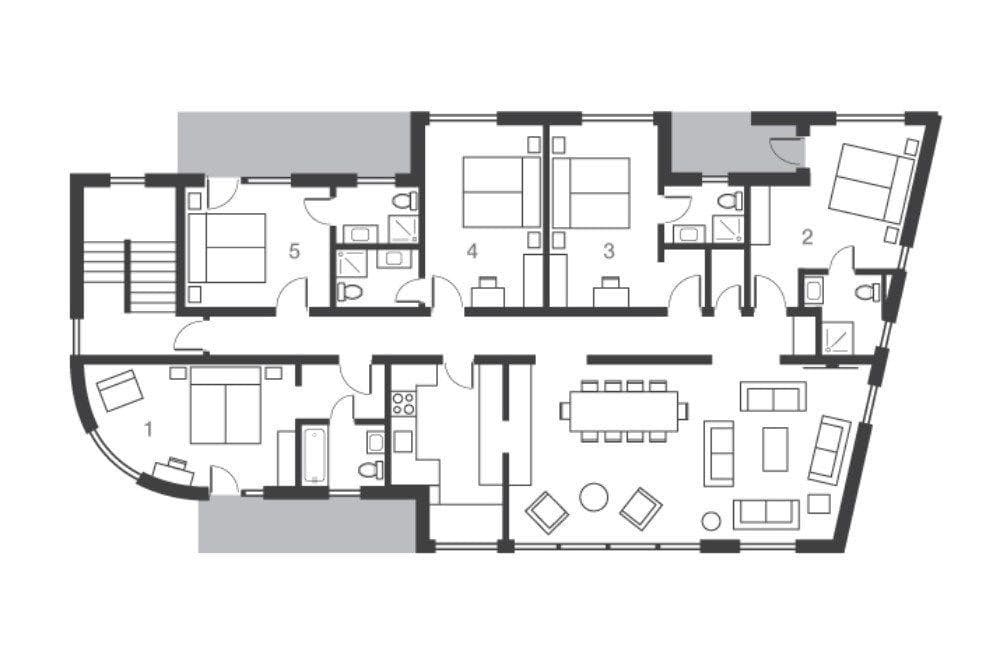 Floor plan: open-plan living and dining, 5 bedrooms, and 4 bathrooms