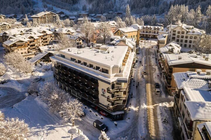 Aerial view of village center with balconies overlooking the main street