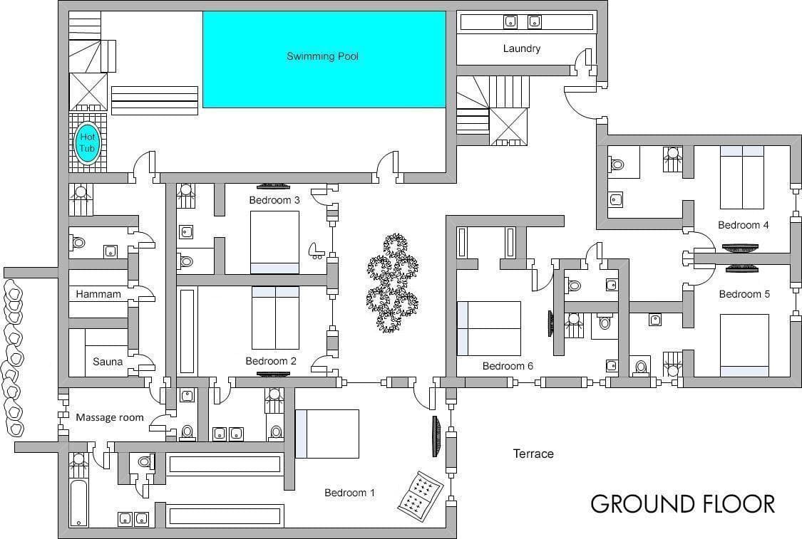 Ground floor layout with indoor pool, hammam, and six bedrooms