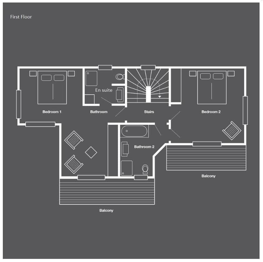 First floor plan: two bedrooms with en suites and private balcony access