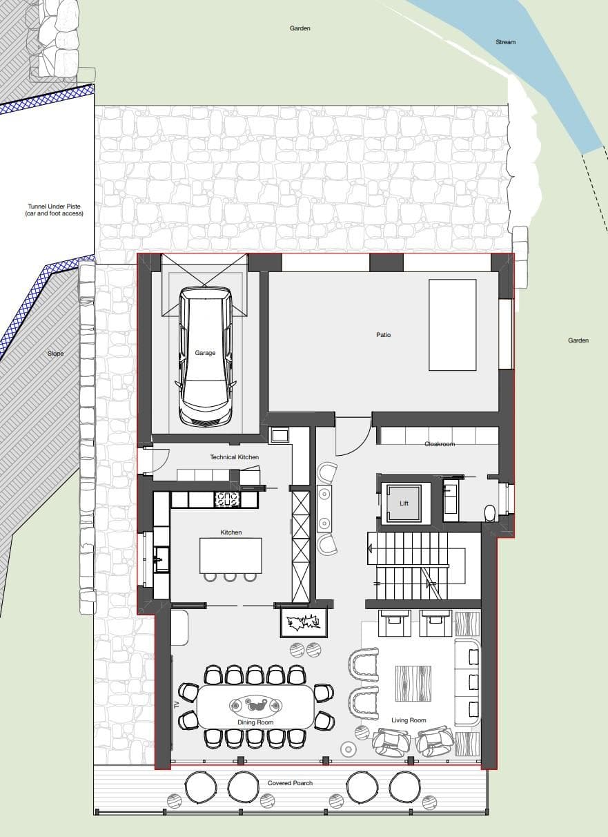 Ground floor layout: garage, kitchen, living areas, and internal lift