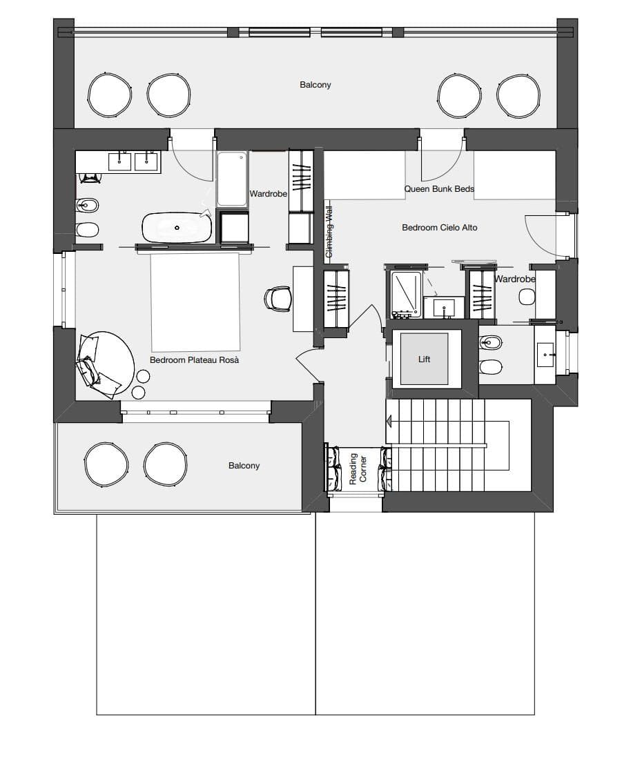 Floor plan: two ensuite bedrooms with balconies, climbing wall, and internal lift
