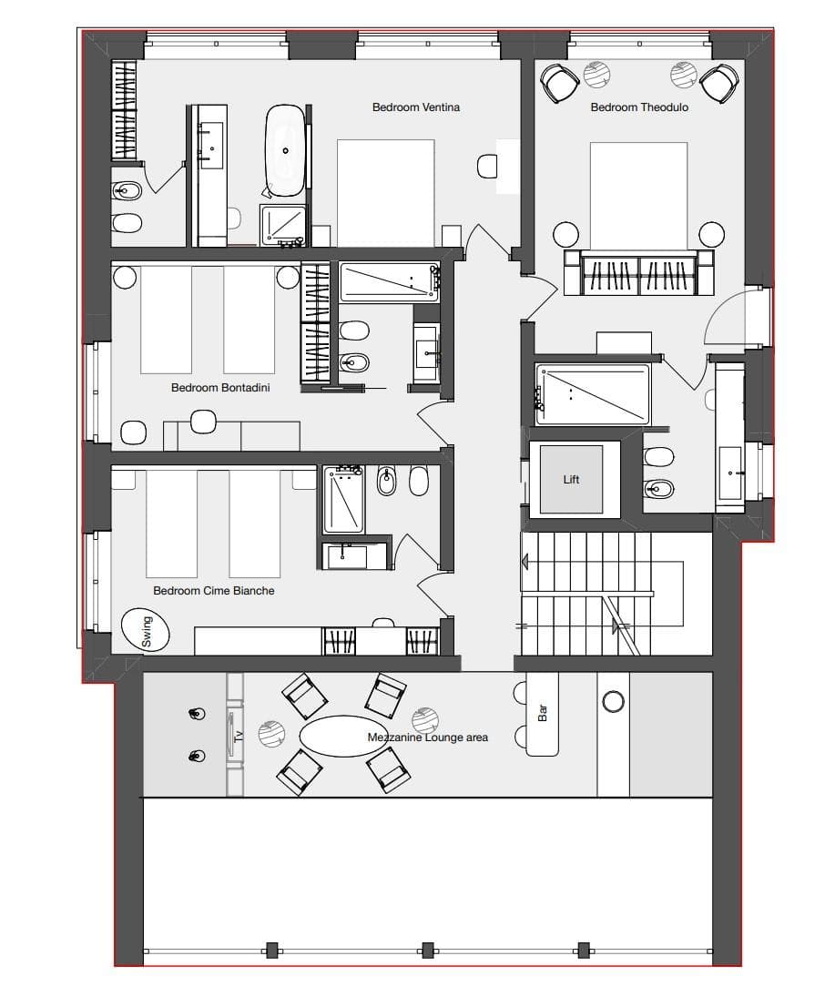 Mezzanine floor plan: four ensuite bedrooms, lounge with bar, and lift access