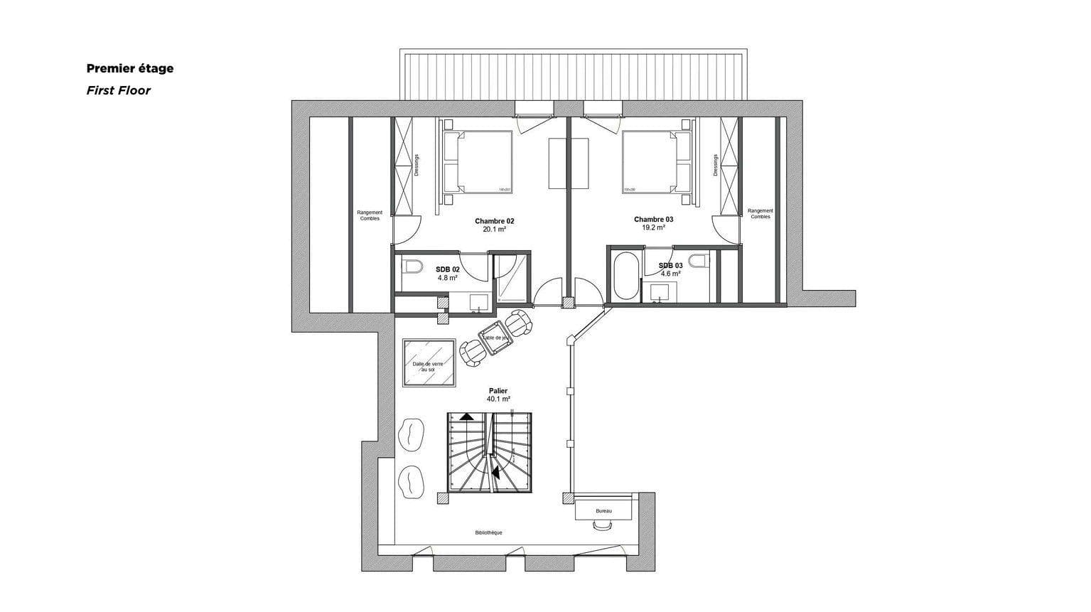 First floor plan: two bedrooms with ensuite bathrooms, landing, and library area
