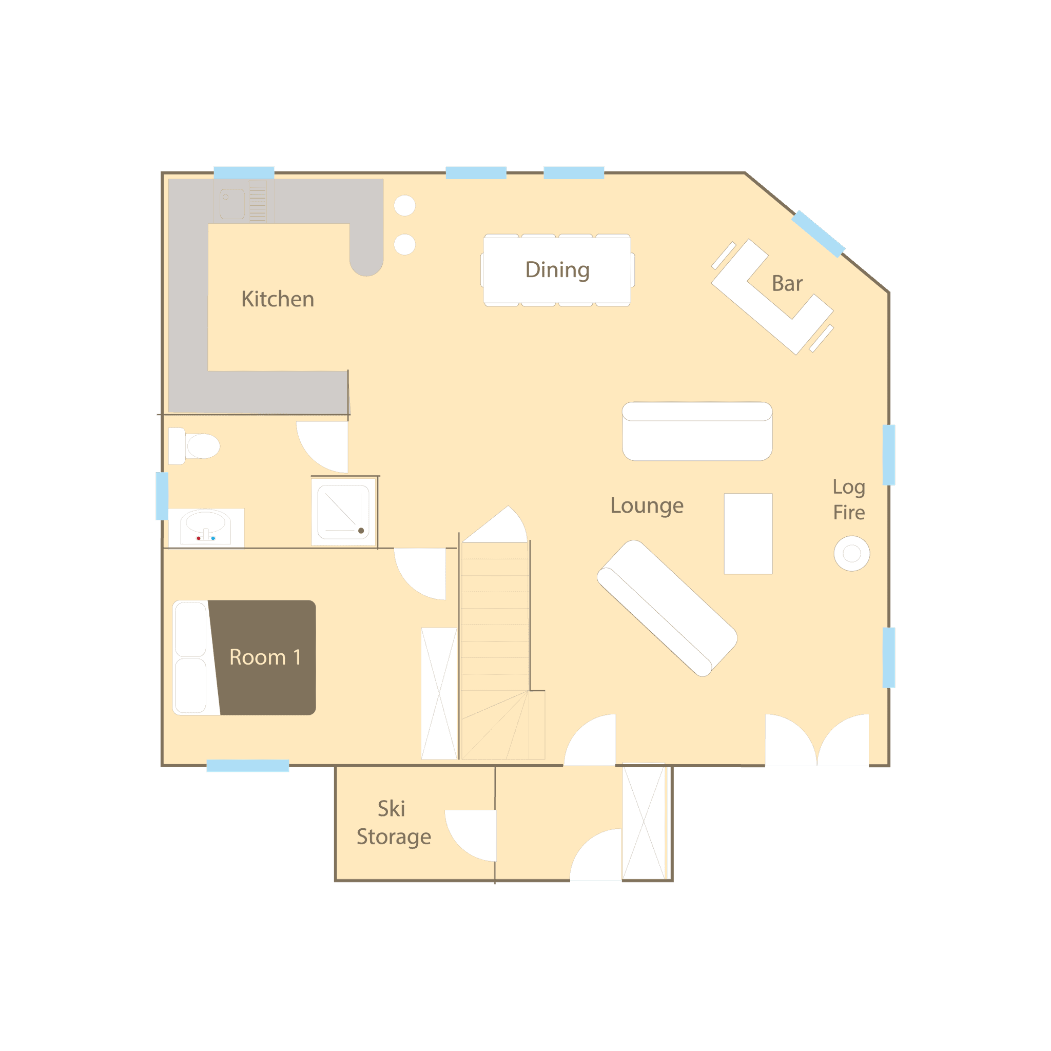 Ground floor layout: open-plan living, kitchen, dining, bedroom, and external ski storage