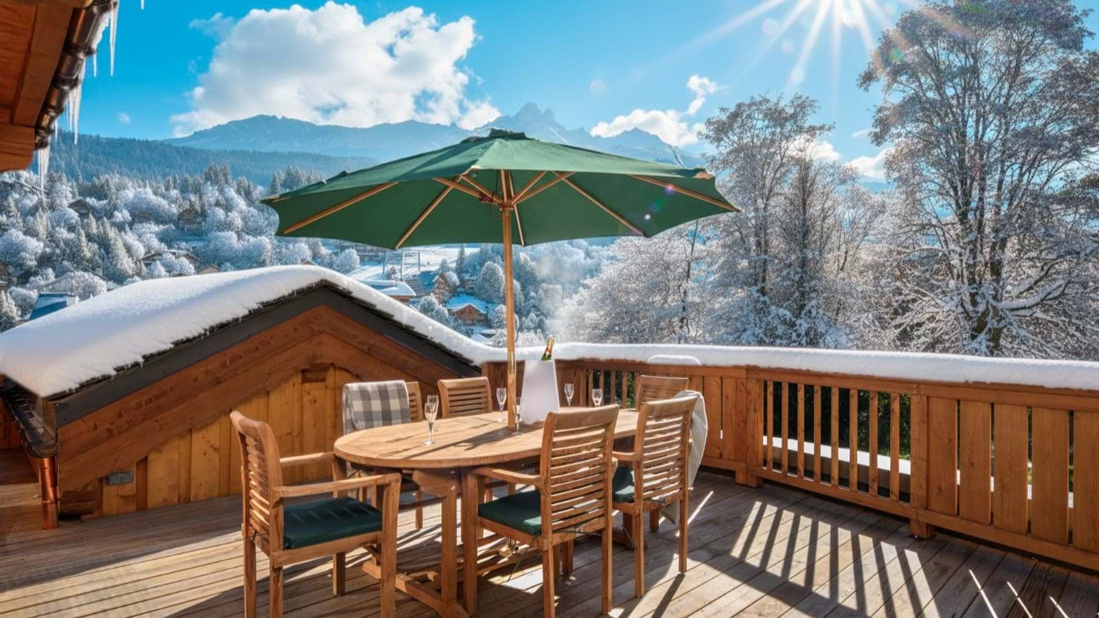 Sun-soaked deck with seating for six and panoramic mountain views