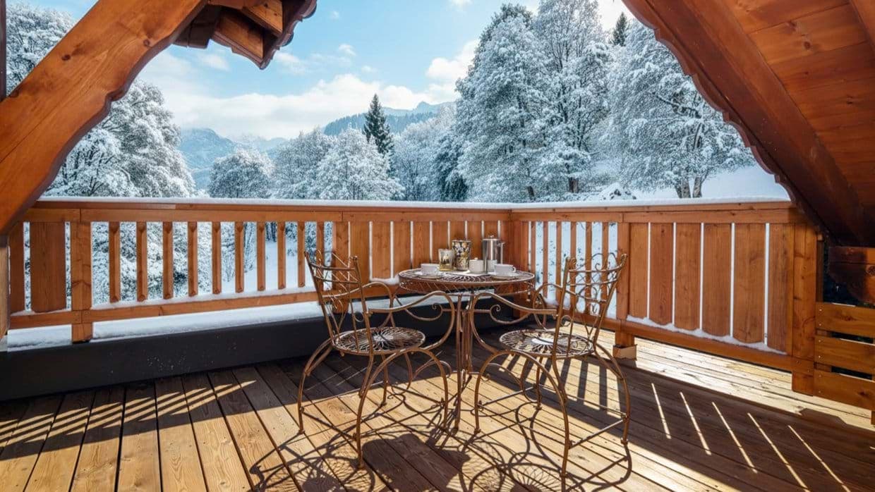Private balcony with bistro seating and mountain views
