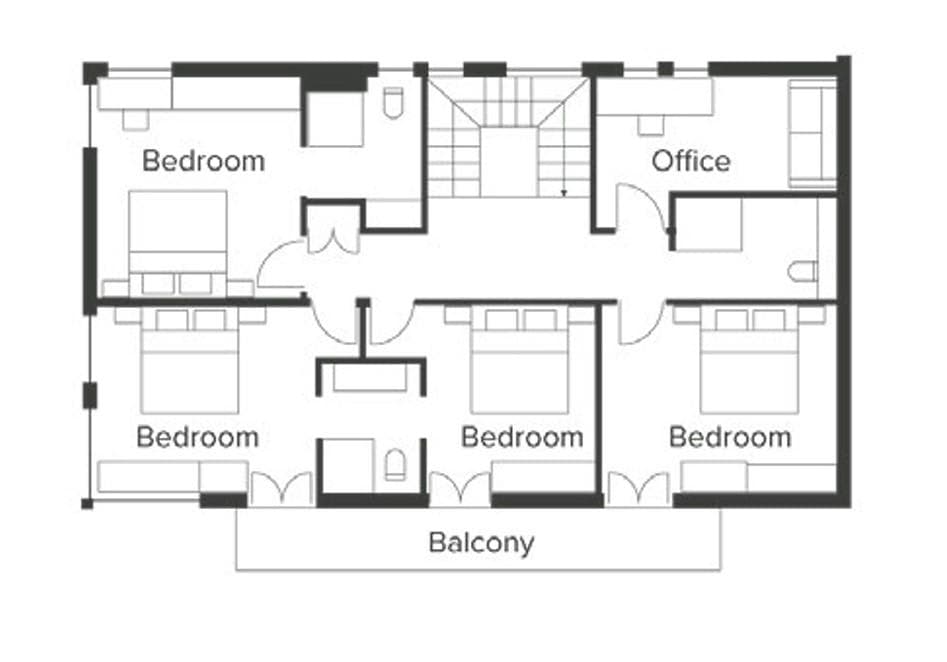 Upper floor plan: four bedrooms, dedicated office, and shared balcony