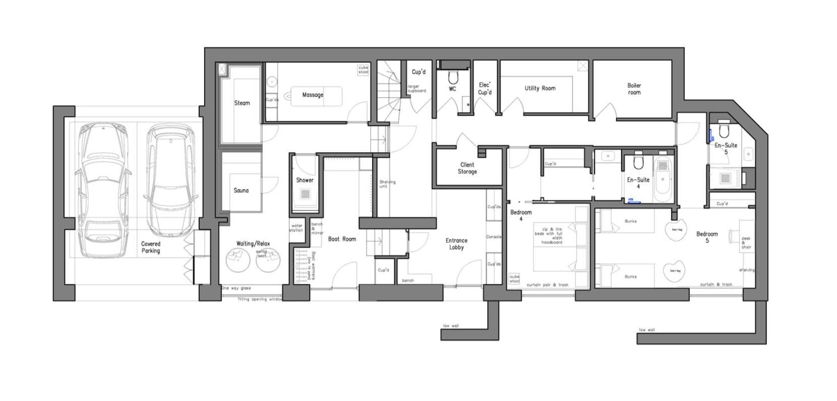 Lower floor plan: covered parking, wellness suite with sauna, and boot room