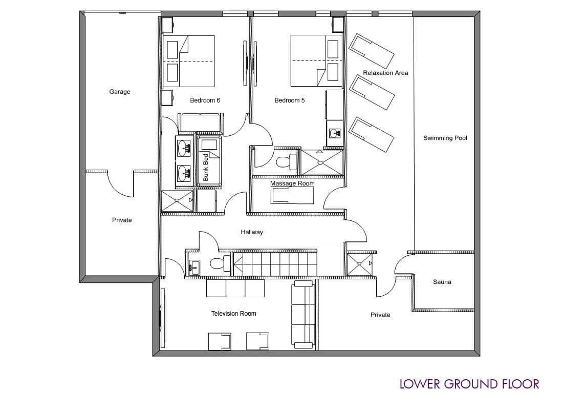 Lower ground floor plan: swimming pool, sauna, television room, and two guest bedrooms