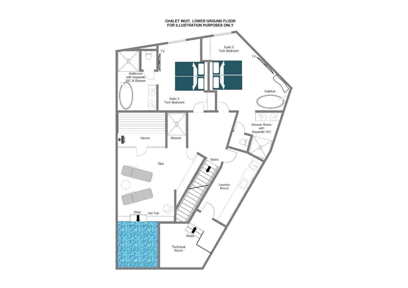 Lower ground floor plan: spa with hot tub, sauna, and two twin bedrooms