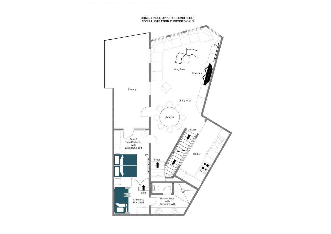 Upper ground floor layout: open-plan living, dining for 8, kitchen, and twin bedroom