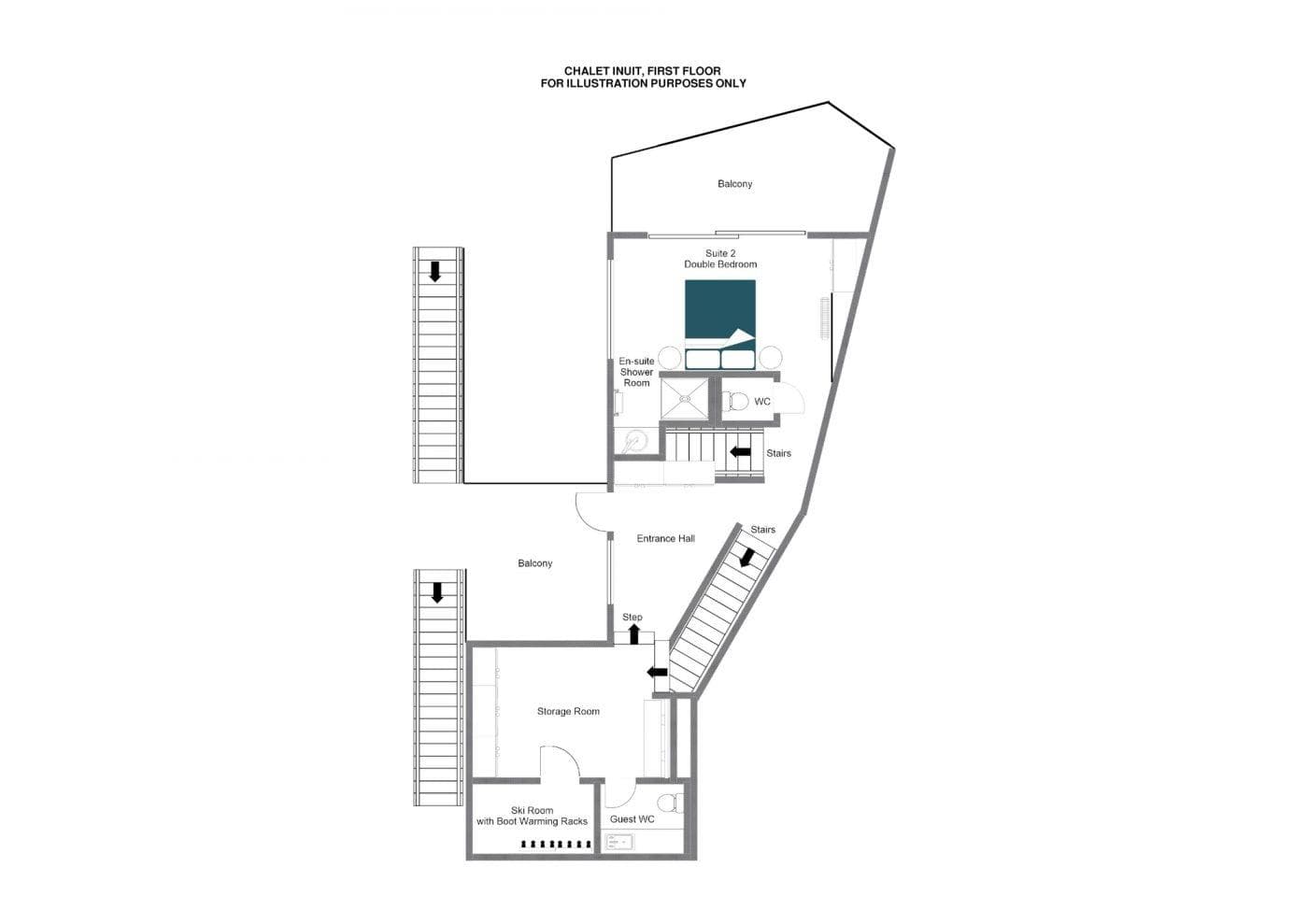 First floor layout: double ensuite bedroom, entrance hall, and ski room with boot warmers