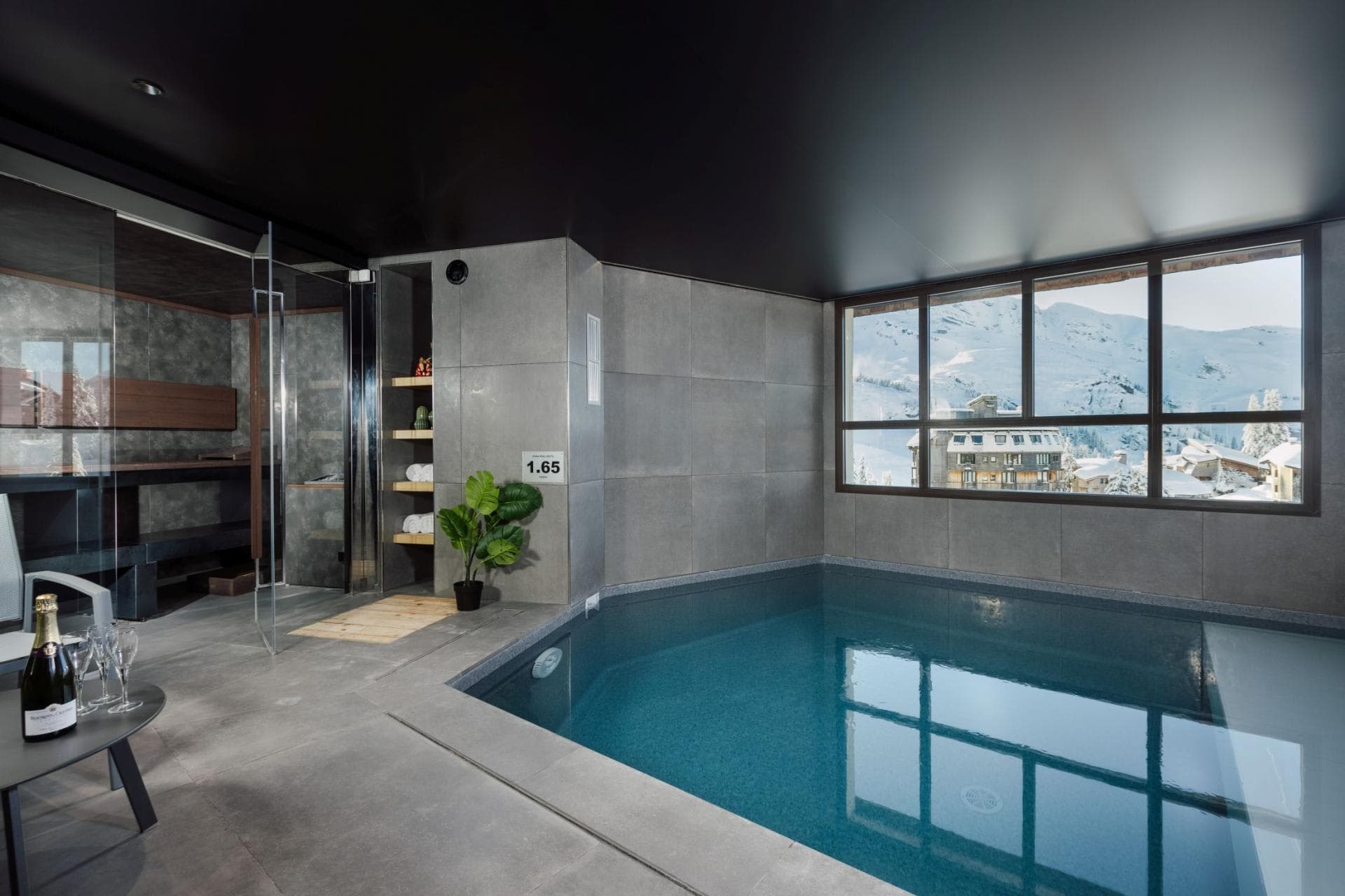 Indoor heated pool and glass-fronted sauna with mountain views