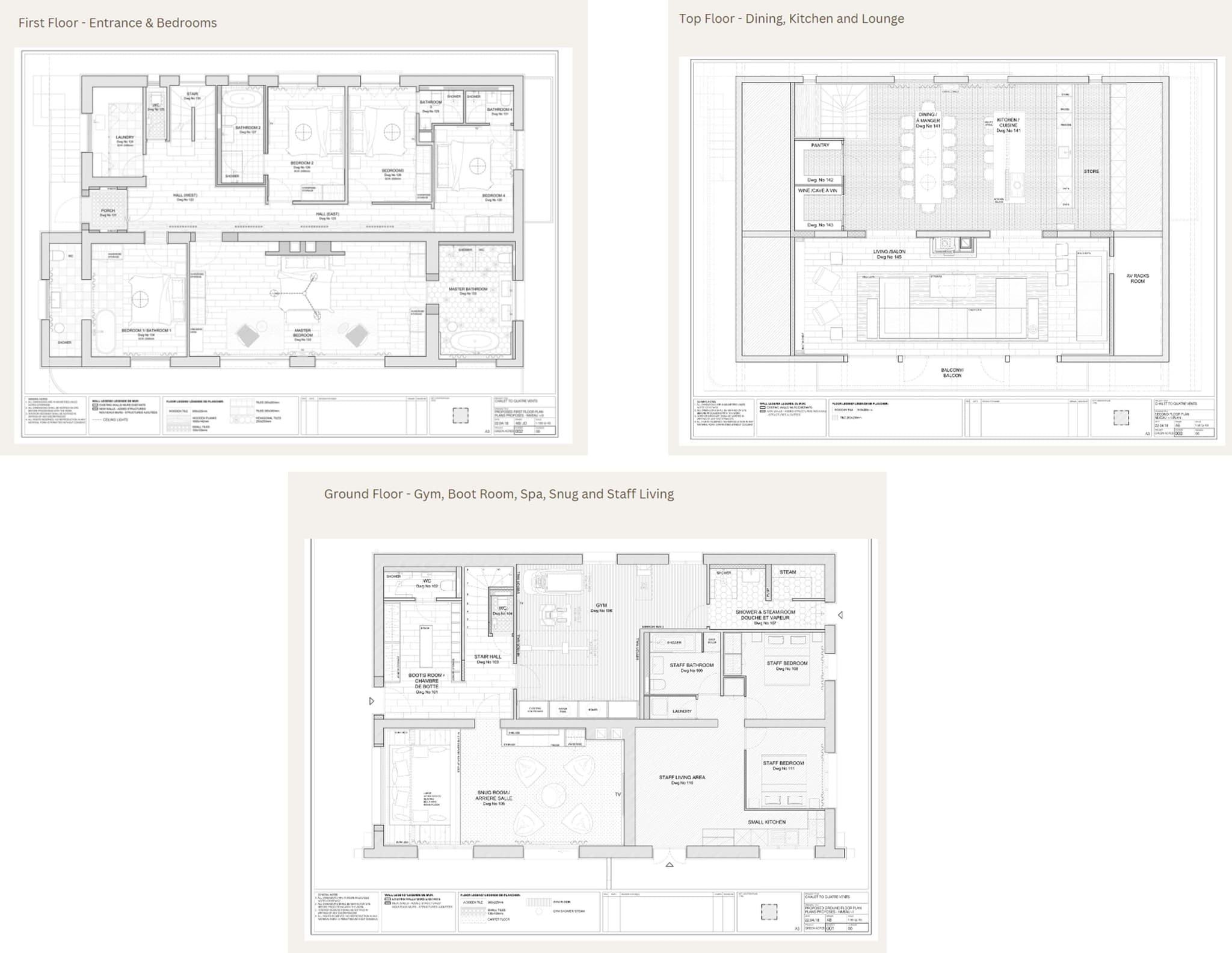 Floor plans for three levels including gym, spa, four bedrooms, and top-floor lounge